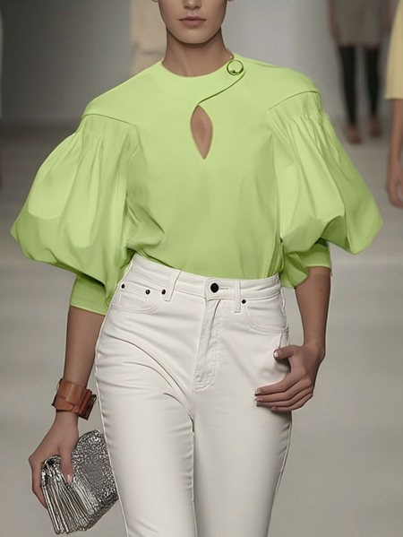 

Cotton Urban Plain Ruched Puff Sleeve Blouse, Green, Blouses and Shirts