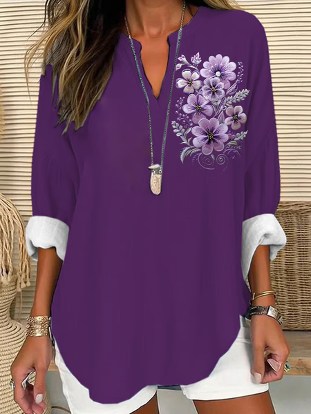 

Women Floral Long Sleeve Blouse Spring/Fall Printing V Neck Daily Casual Top, Purple, Shirts