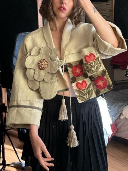 

Casual Raglan Sleeve Plain Shawl Collar 3D Floral Jacket, Khaki, Jackets