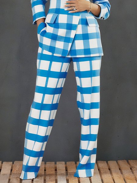

Urban Plaid Printing Straight Pants, White-blue, Pants