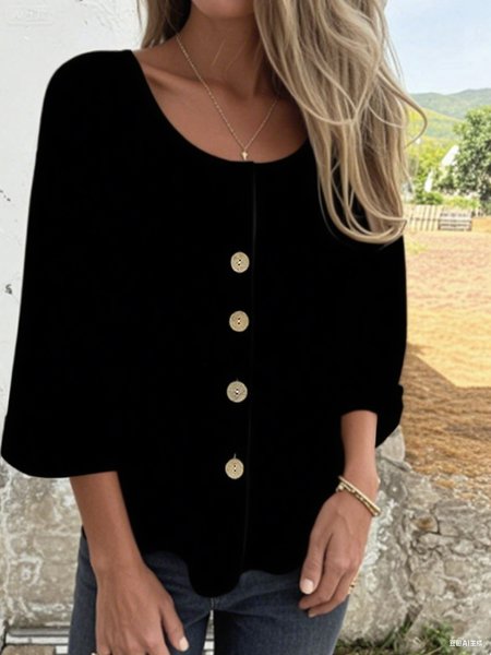 

Crew Neck Three Quarter Sleeve Plain Split Joint Regular Micro-Elasticity Loose Shirt For Women, Black, Blouses