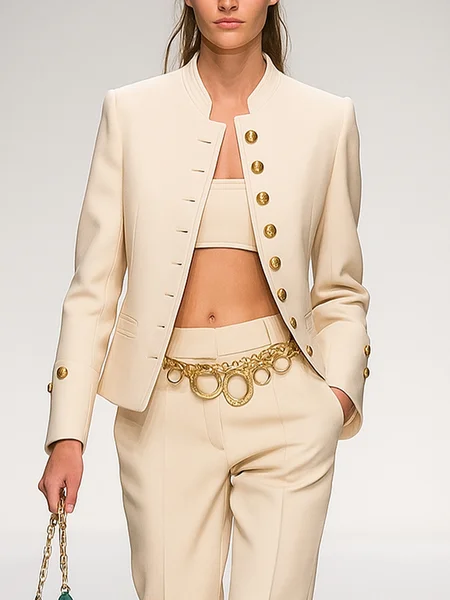 

Urban Buttoned Plain Stand Collar Jacket No Tube Top, Apricot, Jackets