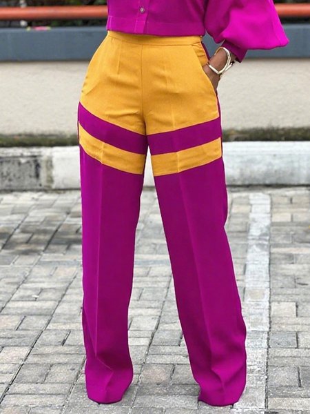 

Urban Color Block Fashion Straight Pants, Rose red, Pants