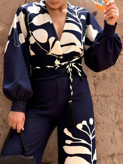 

Vacation Floral V Neck Blouse, Dark blue, Blouses and Shirts