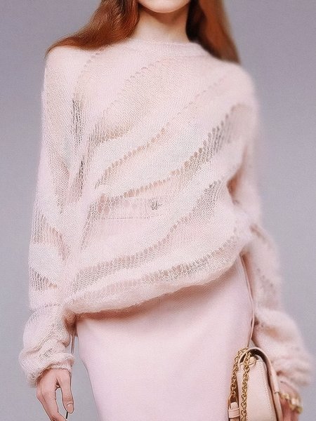 

Casual Plain Hollow Out Crew Neck Sweater, Pink, Pullovers