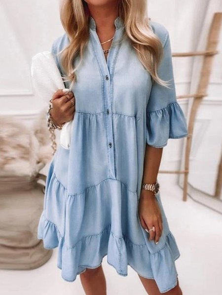

Women's Sweet Temperament Solid Color Washed Cotton Five-Quarter Sleeve A-Line Mid-Length Denim Dress, Blue, Dresses