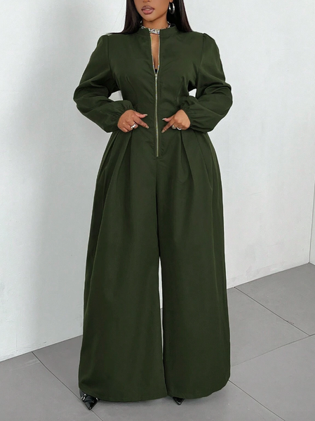 

Casual Zipper Plain V Neck Jumpsuit, Green, Jumpsuits