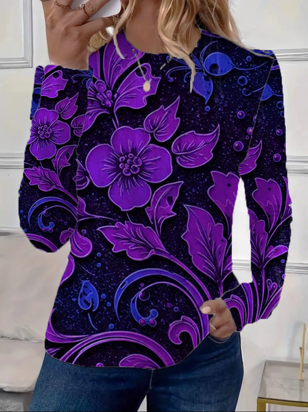 

Women Floral Long Sleeve Tee T-shirt Crew Neck Printing Casual Spring/Fall Graphic Tee Top, Purple, T-Shirts