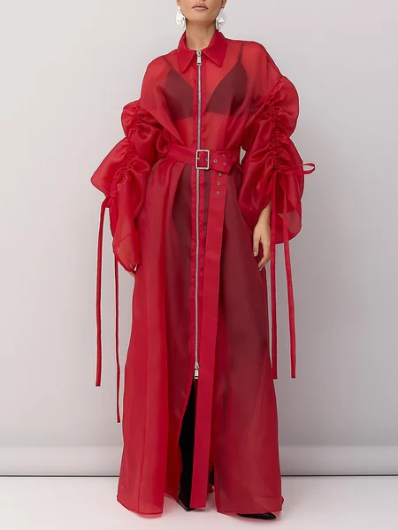 

Urban Balloon Sleeve Zipper Plain Shirt Collar Kimono, Red, Kimonos
