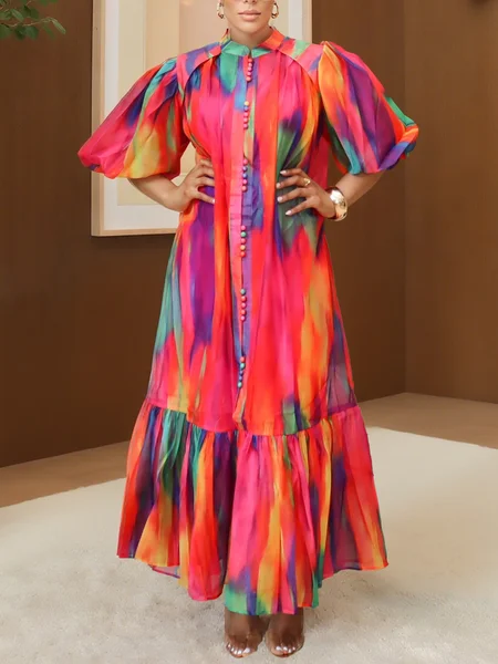 

Vacation Floral Puff Sleeve Printing Maxi Dress With Belt, Pink, Maxi Dresses