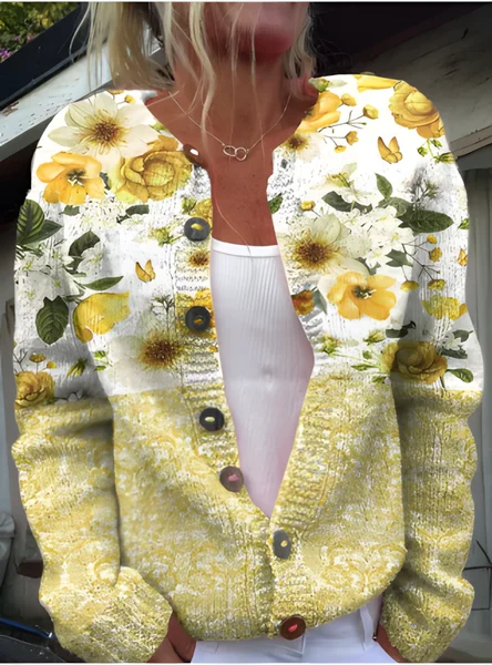 

Women Knitted Floral Long Sleeve Comfy Vintage Cardigan, Beige, Cardigans