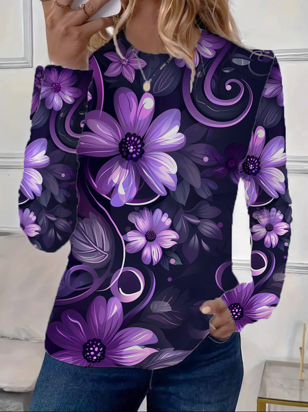 

Women Floral Long Sleeve Tee T-shirt Crew Neck Printing Casual Spring/Fall Graphic Tee Top, Purple, T-Shirts