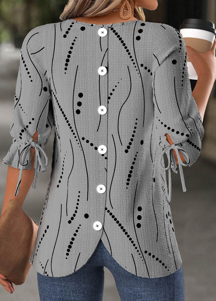 

Women Blouse Crew Neck Half Sleeve Striped Print Loose Comfy Shirt, Gray, Blouses