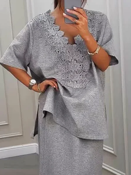 

Casual Plain Split Joint V Neck Loose Blouse, Gray, Blouses and Shirts