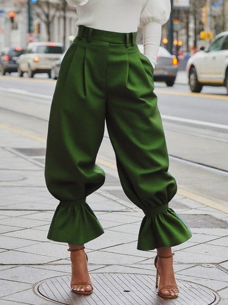 

Casual Plain Ankle Banded Pants, Green, Pants
