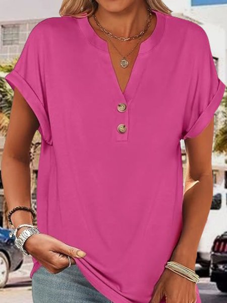 

Women Plain V Neck Casual Short Sleeve T-shirt, Rose red, Tees & T-shirts