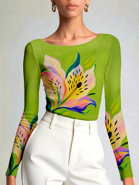 

Jersey Casual Floral Printing Boat Neck T-shirt, Green, Tees