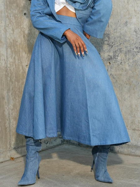 

Casual Plain Midi Denim Skirt, Blue, Denim Skirts
