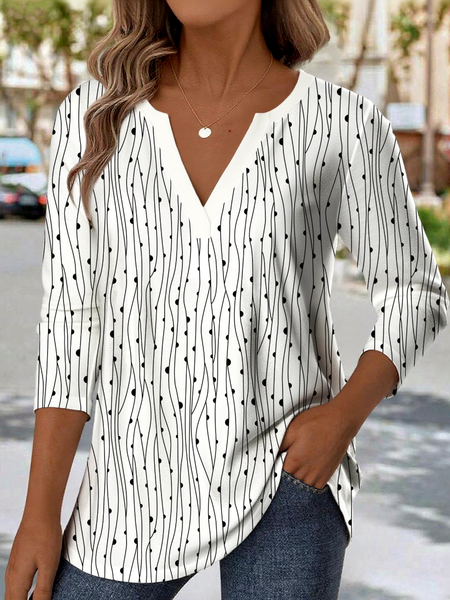 

V Neck Long Sleeve Striped Regular Medium Elasticity Loose Blouse For Women, White, Blouses