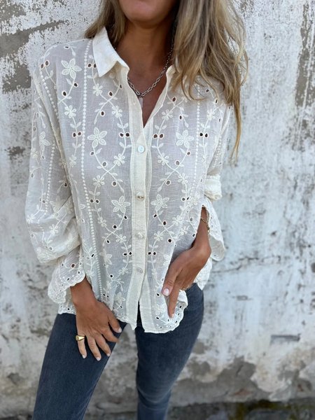 

Women's Sweet Temperament Embroidered Hollow Cotton And Linen Holiday Shirt Casual Top, Apricot, Blouses & Shirts