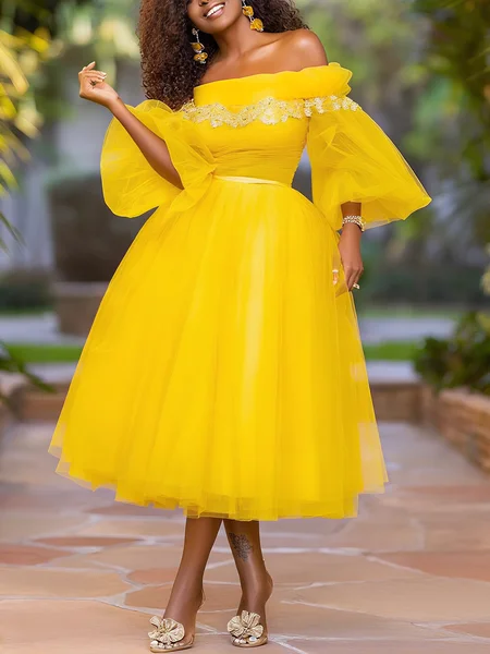 

Elegant Plain Balloon Sleeve Ruched Cold Shoulder Midi Party Dress, Yellow, Midi Dresses