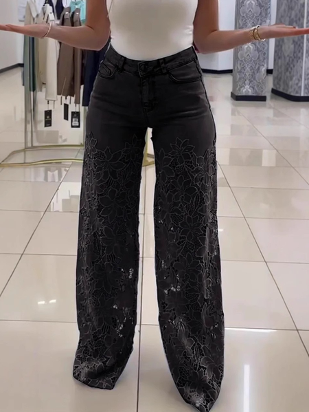 

High waist wide leg pants for women fashionable temperament versatile hollow lace splicing denim drape pants, Black, Pants