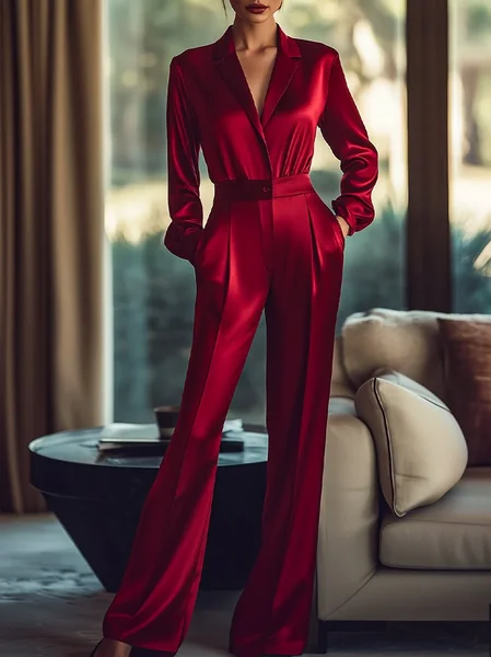 

Urban Plain V Neck Jumpsuit, Red, Jumpsuits