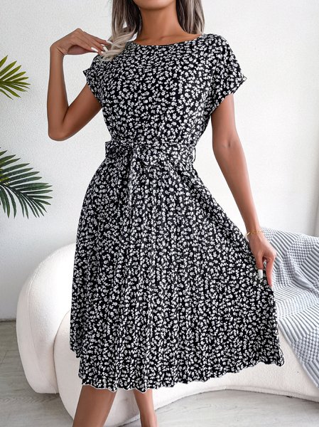 

Women Floral Short Sleeve Summer Printing Dress Crew Neck Daily Vintage Midi Tank A-Line Dress, Black, Dresses