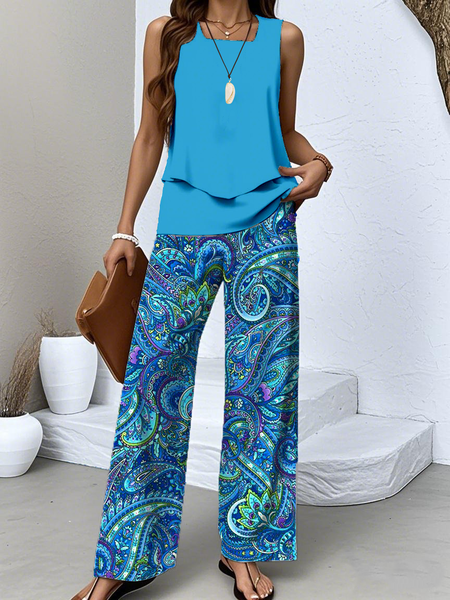 

Women Psychedelic Art Two-Piece Set Daily Sleeveless Casual Summer Top With Pants Matching Set, Color2, Sets