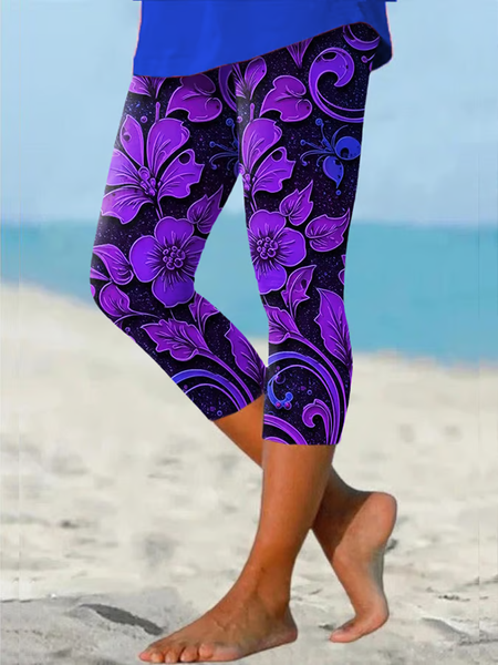 

Women Floral Capris Elastic Waist Pants Casual Summer Trousers, Purple, Leggings