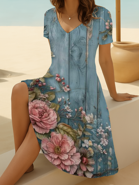 

Women Floral Short Sleeve Summer Printing Dress V Neck Daily Casual Midi Fit & Flare Dress A-Line Dress, Blue, Casual Dresses