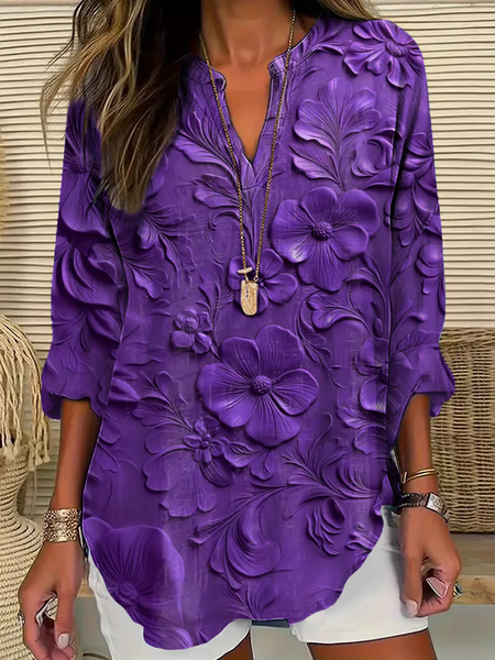 

Women Floral Long Sleeve Blouse Spring/Fall Printing V Neck Daily Casual Top, Purple, Shirts