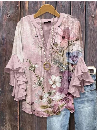 

V Neck Half Sleeve Floral Regular Loose Shirt For Women, Pink, Blouses