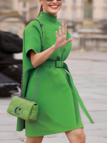 

Urban Plain Buttoned Knee Length Dress With Belt, Green, Midi Dresses