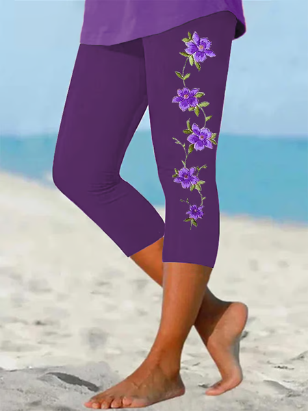 

Women Floral Capris Elastic Waist Pants Casual Summer Trousers, Purple, Leggings