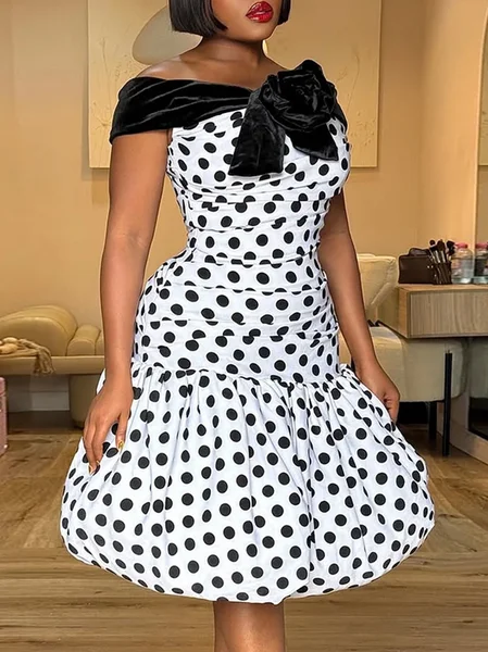 

Elegant Color Block Bow Off The Shoulder Knee Length Dress, Black, Midi Dresses