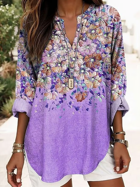 

Women Floral Long Sleeve Blouse Spring/Fall Printing V Neck Daily Casual Top, Purple, Shirts