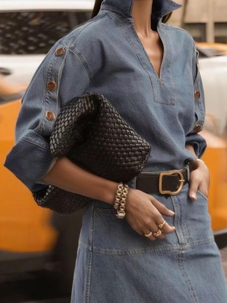 

Urban Plain Buttoned Shawl Collar Denim Top, Blue, Tops