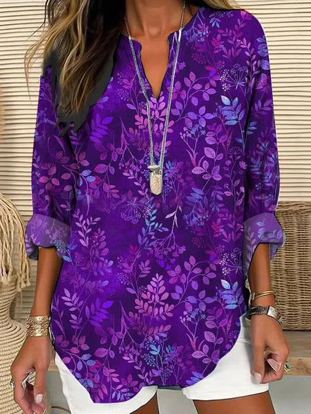 

V Neck Long Sleeve Floral Printing Regular Loose Blouse For Women, Purple, Blouses