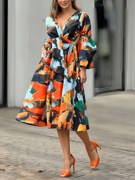 

Casual Geometric Puff Sleeve Printing Midi Dress, As picture, Midi Dresses