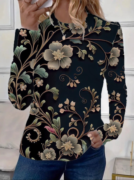 

Women Floral Long Sleeve Tee T-shirt Crew Neck Printing Casual Spring/Fall Graphic Tee Top, Black, T-Shirts