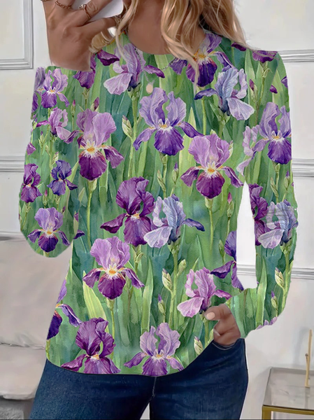 

Women Floral Long Sleeve Tee T-shirt Crew Neck Printing Casual Spring/Fall Graphic Tee Top, Green, T-Shirts