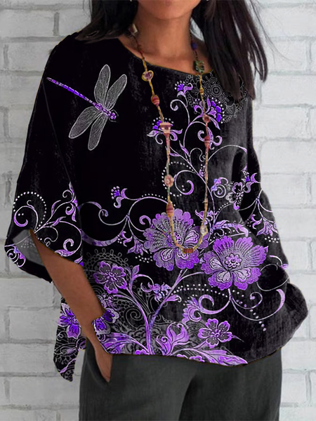 

Casual Floral Crew Neck Half Sleeve T-shirt, Black, Blouses
