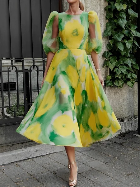 

Elegant Floral Printing Midi Dress, As picture, Midi Dresses
