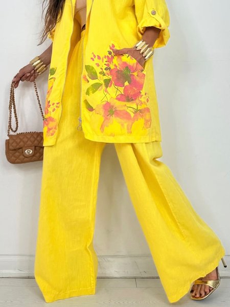 

Linen blend Casual Plain Wide Leg Pants, Yellow, Pants