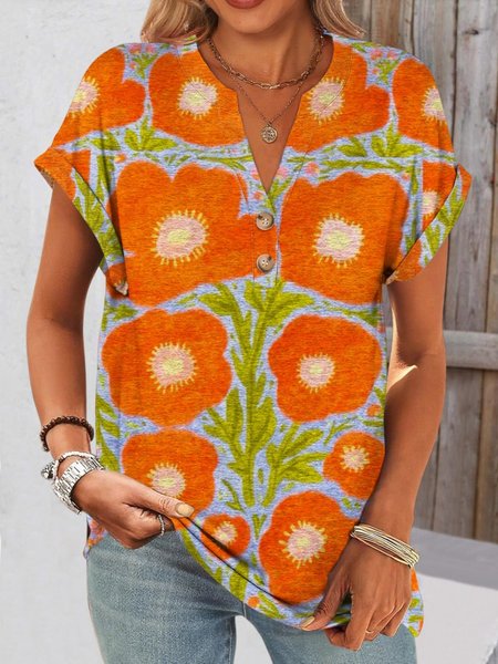 

Casual Floral Art Painting V Neck Short Sleeve Comfy Cotton T-shirt, Orange, T-shirts