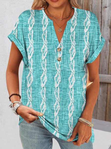 

Casual Floral V Neck Short Sleeve T-shirt, Lake blue, T-shirts