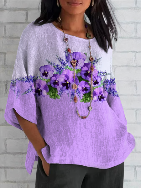 

Casual Floral Crew Neck Half Sleeve T-shirt, Purple, Blouses
