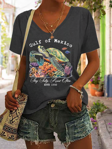 

Casual Geometric V Neck Short Sleeve T-shirt, Gray, T-shirts