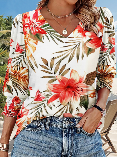 

Casual Floral V Neck Long Sleeve T-shirt, As picture, T-shirts